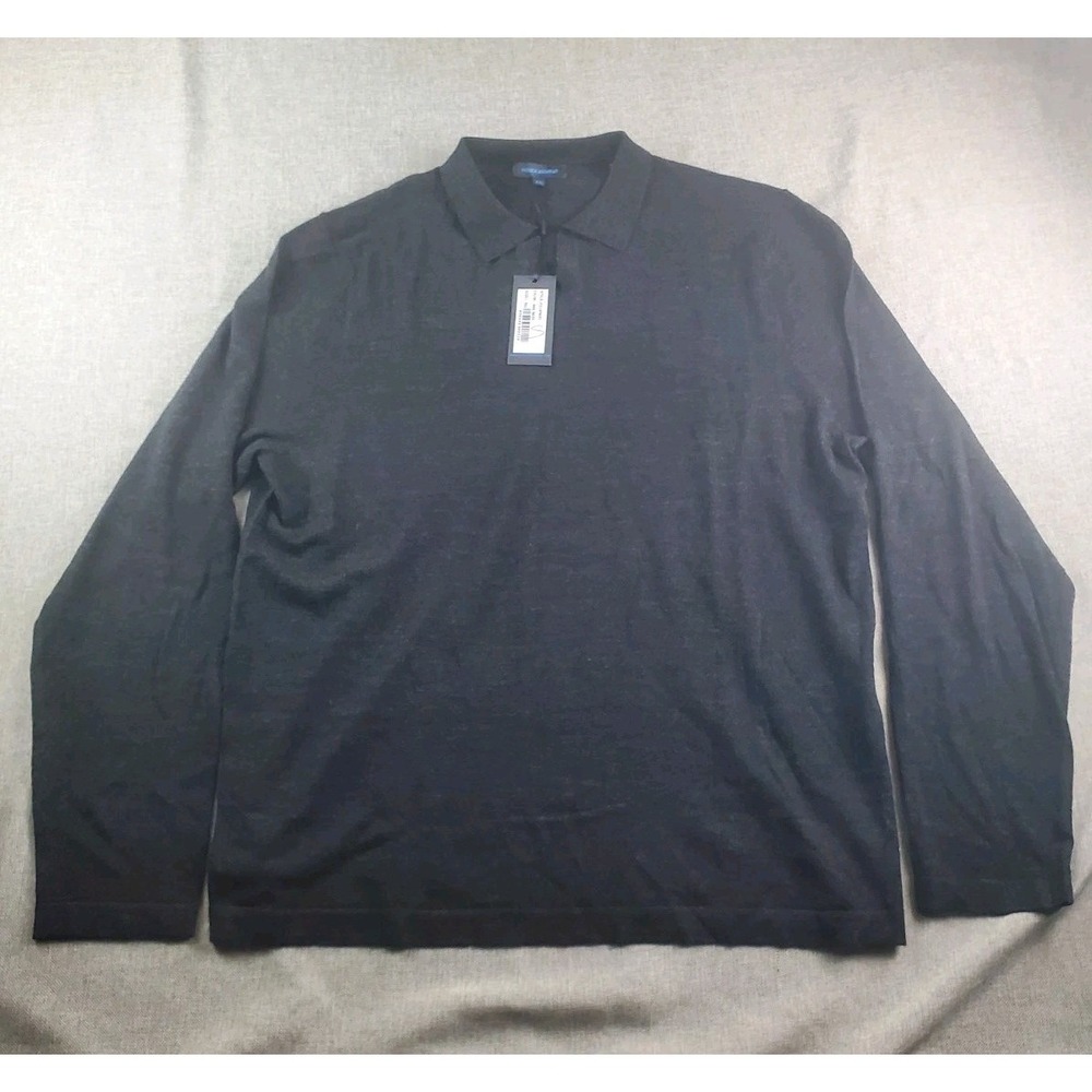 Patrick Assaraf Sweater Polo Mens XXL  Black Merino Wool Knit Long Sleeve New